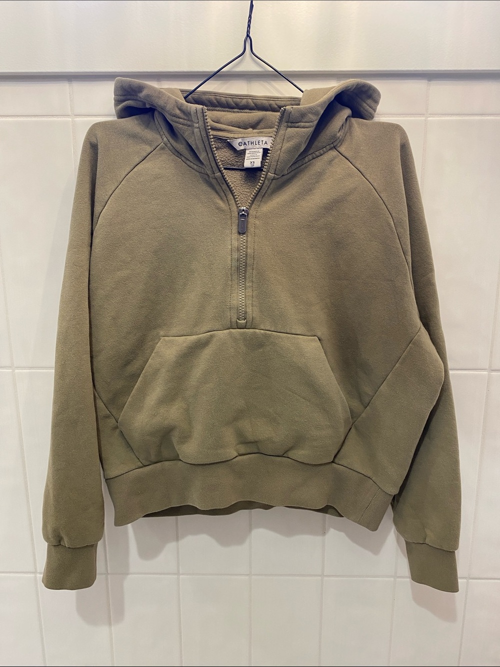 Athleta Women Taupe Half-Zip Hooded Sweatshirt